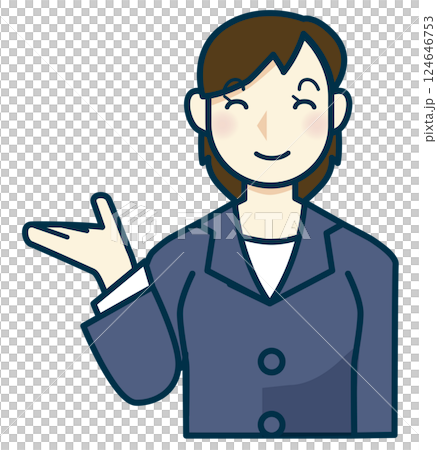 紺色のスーツを着た女性の手を外に向けたイラスト 124646753