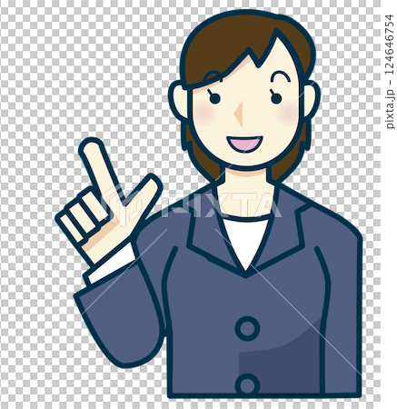 一位身穿海軍藍西裝的女士指著 一位身穿海軍藍西裝的女士指著 124646754