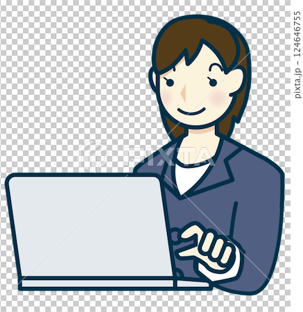 紺色のスーツを着た女性がノートPCを操作するイラスト 124646755