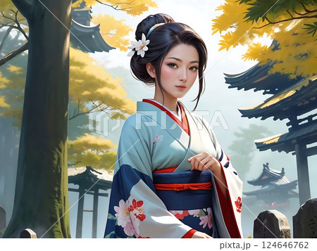 お寺の境内で着物姿の女性が何か言いたげにこちらを見ている　AI 124646762