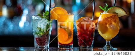 set of fresh and colorful exotic alcohol cocktail on counter in nightclub, collection of cold and fancy tropical drinks on table in bar 124646828