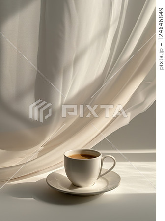 white cup of hot coffee or tea drink on white silk veil background, fresh morning beverage 124646849