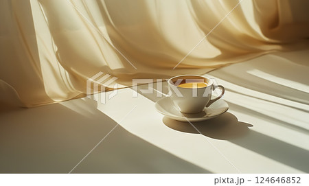 white cup of hot coffee or tea drink on white silk veil background, fresh morning beverage 124646852