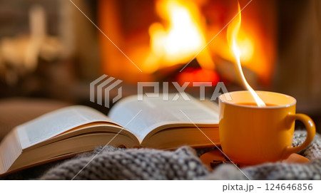 cup of tea of coffee and open book near fireplace at cozy home, hot drink at winter evening by fire place, cosy rest and relaxation concept 124646856