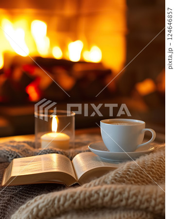cup of tea of coffee and open book near fireplace at cozy home, hot drink at winter evening by fire place, cosy rest and relaxation concept cup of tea of coffee and open book near fireplace at cozy home, hot drink at winter evening by fire place, cosy rest and relaxation concept 124646857