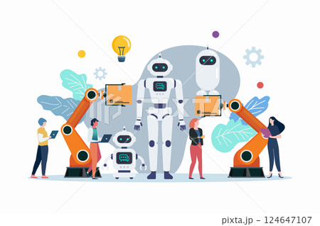 People with automation android robots. robotics industry insights automotive and electronics. People with automation android robots. robotics industry insights automotive and electronics. 124647107