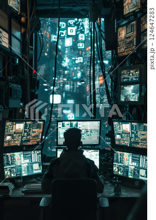 person operating video surveillance in dark control room with many displays, engineer operator monitoring factory processes in server data centre 124647283