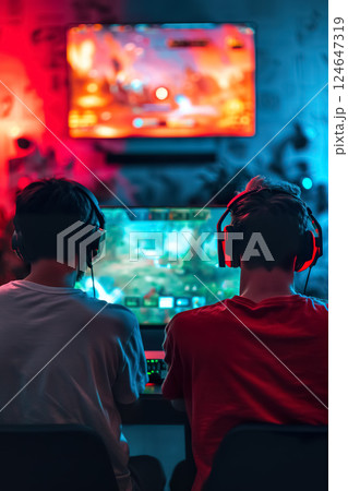 happy couple playing video game with controller on play station at home, friends play computer games on console and have fun 124647319