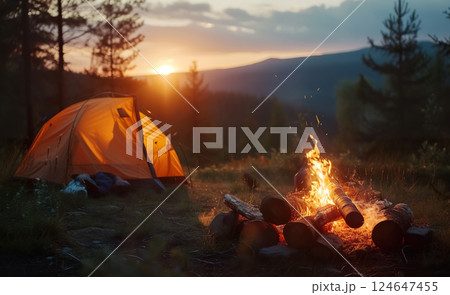 night camping with fireplace and tent, fire at campsite at night, travel and tourism concept night camping with fireplace and tent, fire at campsite at night, travel and tourism concept 124647455