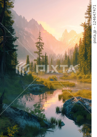 nature landscape with green forest and mountain river 124647471