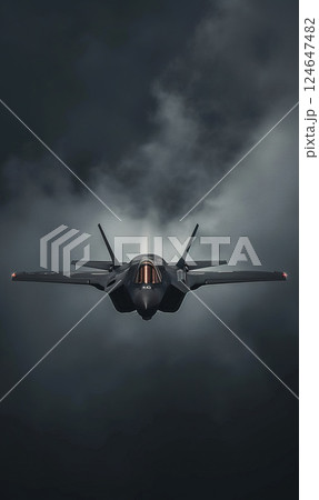 modern fifth generation combat air fighter jet in sky, advanced stealth military aircraft flying 124647482
