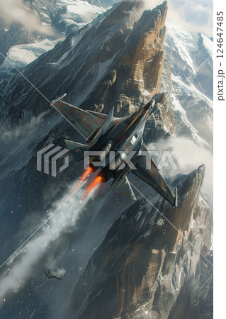 modern fifth generation combat air fighter jet in sky, advanced stealth military aircraft flying 124647485
