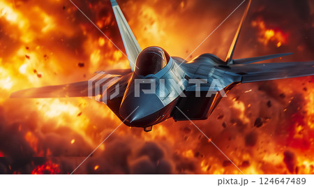 modern fifth generation combat air fighter jet in sky, advanced stealth military aircraft flying 124647489