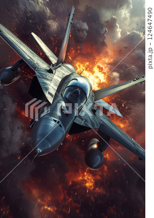 modern fifth generation combat air fighter jet in sky, advanced stealth military aircraft flying 124647490