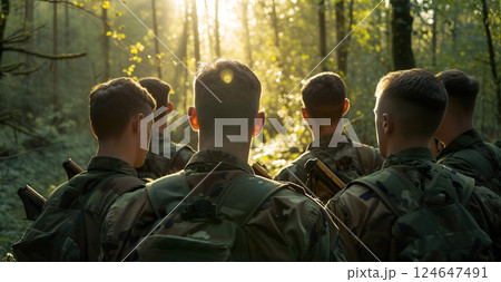 back view of group of soldiers on a mission in forest, military and army concept 124647491