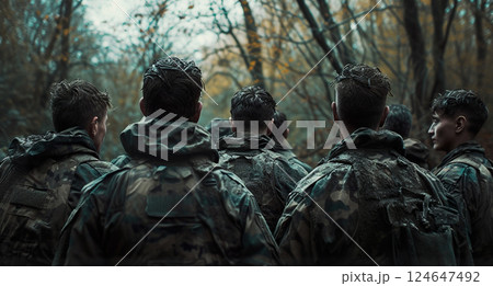 back view of group of soldiers on a mission in forest, military and army concept 124647492