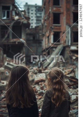 small kids standing in city destroyed by war, children in town demolished by earthquake, people and ruined buildings 124647497
