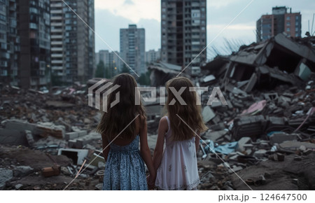 small kids standing in city destroyed by war, children in town demolished by earthquake, people and ruined buildings 124647500