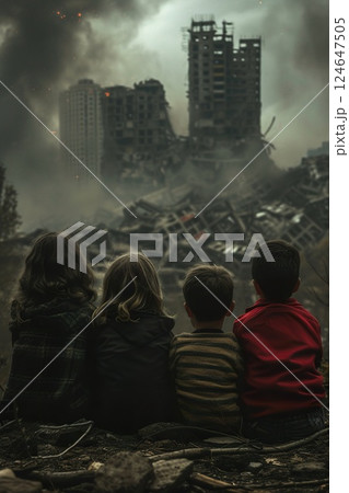 small kids standing in city destroyed by war, children in town demolished by earthquake, people and ruined buildings small kids standing in city destroyed by war, children in town demolished by earthquake, people and ruined buildings 124647505
