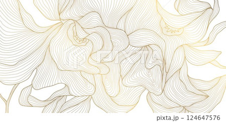 Vector fantasy art deco flower pattern, gold on white line floral background. Leaves luxury elegant illustration, tropical modern wallpaper, spa premium decor. Vector fantasy art deco flower pattern, gold on white line floral background. Leaves luxury elegant illustration, tropical modern wallpaper, spa premium decor. 124647576