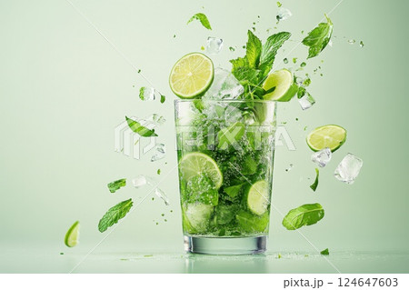 Ingredients burst from a mojito glass in mid air with fresh mint and lime 124647603