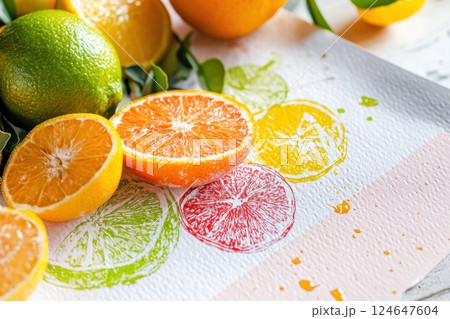 Vibrant cocktail ingredients arranged in a flat lay showcasing colorful fruits and garnishes 124647604