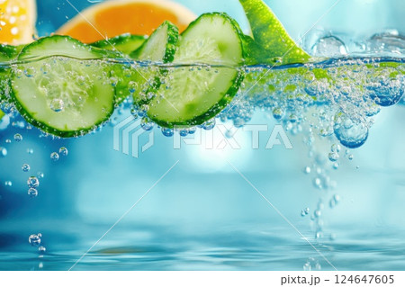 Refreshing cucumber slices float in sparkling water with bubbles rising beneath the surface 124647605
