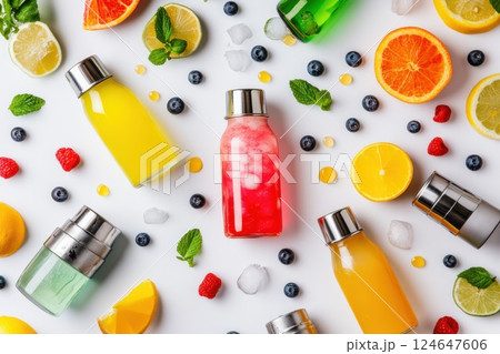 Colorful cocktail shakers and garnishes arranged on a bright white background 124647606