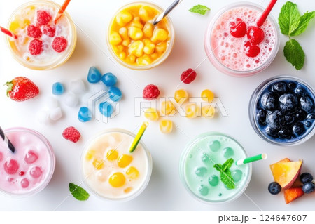 Colorful bubble tea variety with fresh toppings on a bright minimal background 124647607