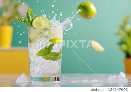 Refreshing mojito splashes with lime and mint against a vibrant background 124647608