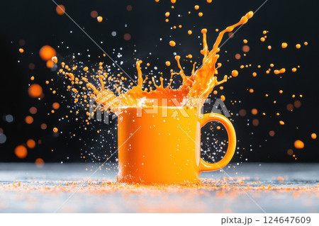 Dynamic coffee splash with a ceramic mug captured mid air in a dramatic setting 124647609