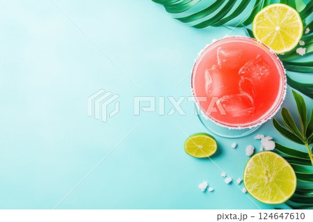 Minimalist cocktail setup featuring margarita glass with lime and salt on pastel blue background 124647610