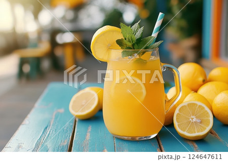 Bright and refreshing lemonade with lemons and mint on a sunny picnic table 124647611