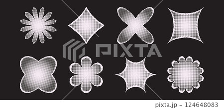 Set of halftone shapes in the form of flowers, stars, and diamonds. Grainy texture with noise and dot patterns, featuring a gradient and smooth gradation effect in Y2K style. 124648083