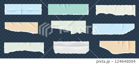 Torn paper pieces from a notebook with wrinkles and rips. Vector set of blue, green, beige, white, and grid note sheets. Useful for scrapbooking, design, and creative projects. 124648084