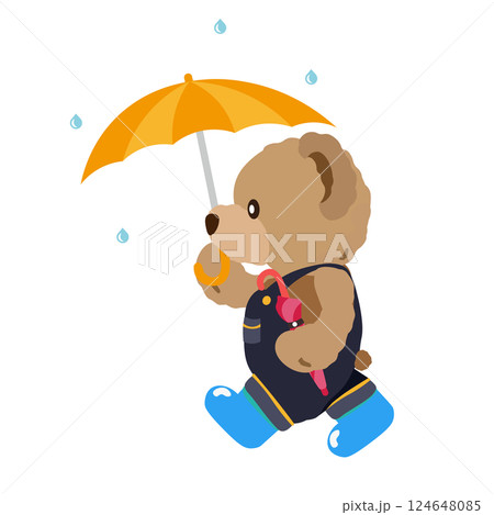 雨降りの中、傘を届けるクマのぬいぐるみのイラスト 124648085
