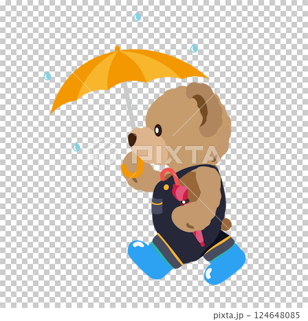 雨降りの中、傘を届けるクマのぬいぐるみのイラスト 124648085