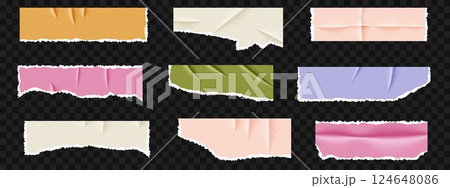 Torn notebook paper pieces with wrinkles and rips. Vector set of orange, purple, pink, white, and green note sheets. Used for scrapbooking, design, and various creative projects. 124648086