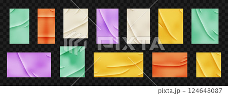 Set of rectangular colorful paper templates with a sticky effect. Vector collection for posters, mockups, and backgrounds. Paper texture for creative design projects. 124648087