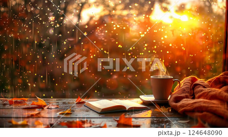 Cozy autumn evening, coffee cup, book, blanket on wooden sill, blurred rainy tree at sunset. 124648090