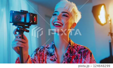 Trendy influencer recording video in modern creative studio 124648299