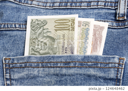 Georgian Lari in the pocket of blue jeans 124648462
