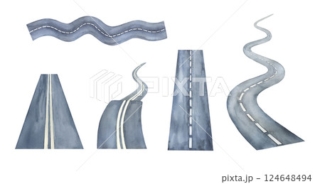 Watercolor street road, hand drawn clipart, highway illustrations set isolated on white background 124648494
