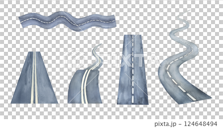 Watercolor street road, hand drawn clipart, highway illustrations set isolated on white background 124648494