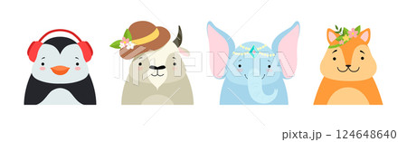 Funny Animal Faces and Heads Wearing Different Accessory Vector Set 124648640