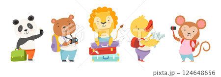 Funny Animal Tourist or Travelers with Bag Vector Set 124648656