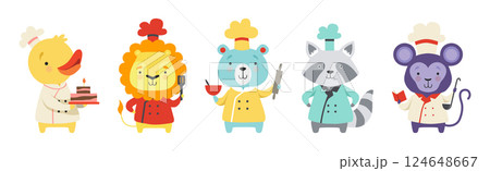 Cute Animal Chef Characters in Uniform Cooking Tasty Dish Vector Set 124648667