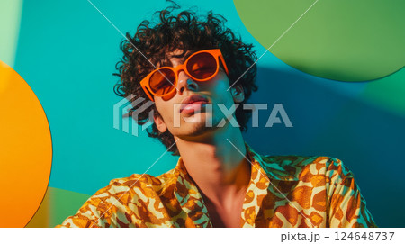 Stylish Young Man Relaxing Against a Colorful Geometric Background 124648737