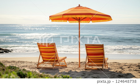 Tropical Beach Chairs and Umbrella by the Ocean Shore 124648738