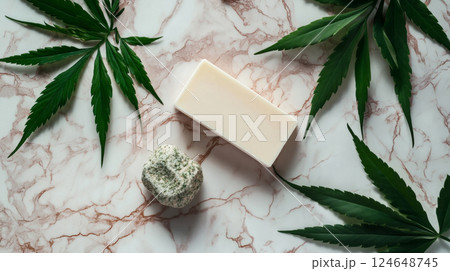 Natural Hemp Soap with Leaves on Marble Background 124648745